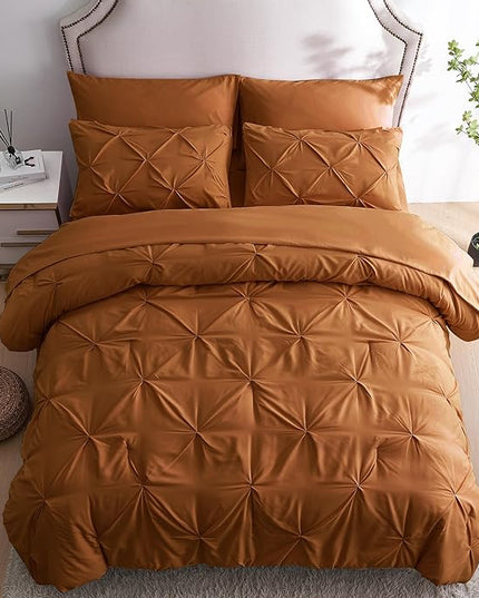 Ubauba 7pc Burnt Orange Queen Comforter Set, Rust 7 Piece Pintuck Bed in a Bag with Sheets, All Season Pinched Pleat Bedding Comforters & Sets,(Rustic, Queen Size) - LeafyLoom