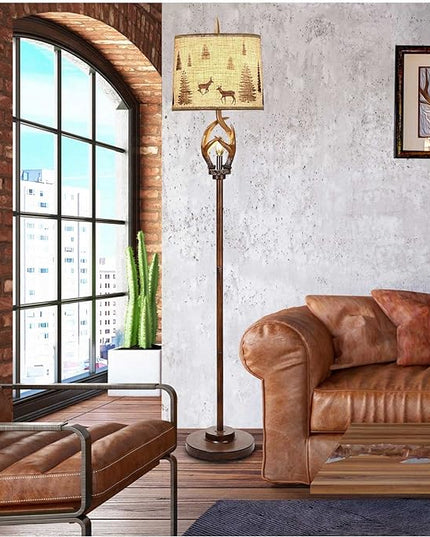Scenekoy Rustic Farmhouse Antlers Floor Lamp with Nightlight Brown Finish Round Shade Lamps for Living Room Bedroom Office Study House - LeafyLoom