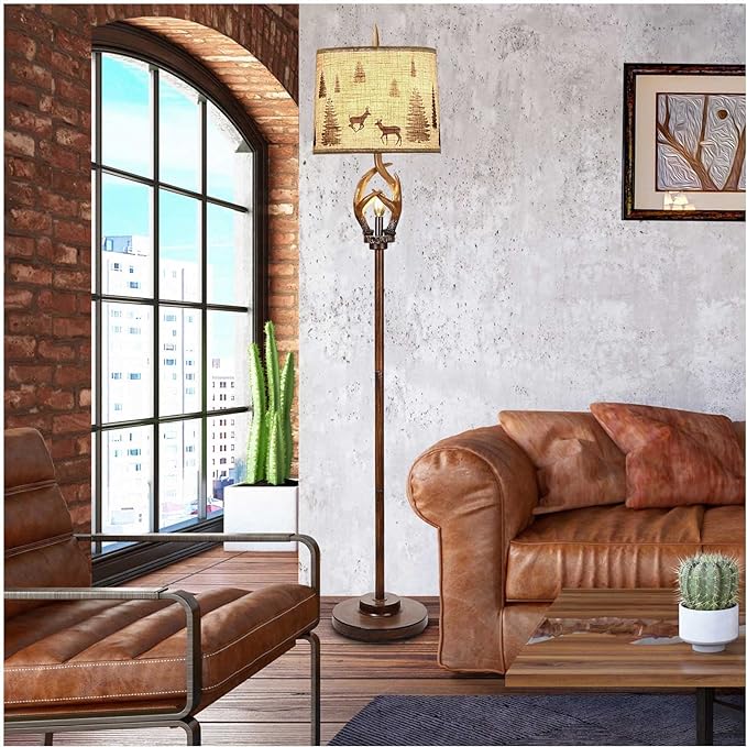 Scenekoy Rustic Farmhouse Antlers Floor Lamp with Nightlight Brown Finish Round Shade Lamps for Living Room Bedroom Office Study House - LeafyLoom