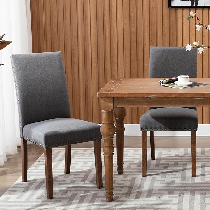 COLAMY Modern Wood Dining Chairs Set of 6, Parsons Dining Chairs, 19 Inch Padded Dining Chairs with Nailed Trim for Kitchen Dining Living Room, Grey - LeafyLoom