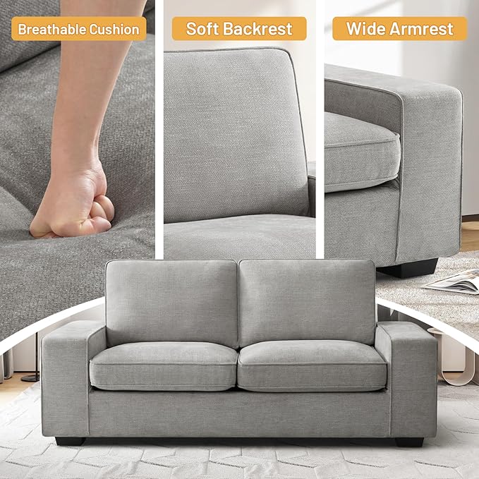 EASELAND 71" Loveseat, Small Chenille Loveseat for Small Spaces, 2-Seater Modern Deep Seat Couch with Removable Back and Cushions, Lounge Sofa for Bedroom with Wood Legs and Fluffy Armrest (Grey) - LeafyLoom