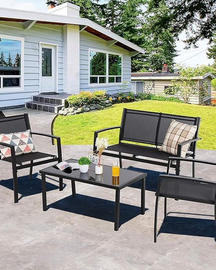 Shintenchi 4 Pieces Patio Furniture Set All Weather Textile Fabric Outdoor Conversation Set, with Glass Coffee Table, Loveseat, 2 Single Chairs for Home, Garden, Lawn, Porch（Black） - LeafyLoom
