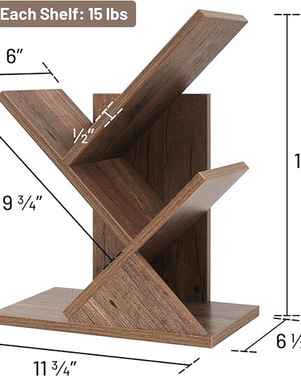 Labcosi 2 Tier Tree Bookshelf, Small Bookshelf for Storing Books/CDs, Wood Book Organizer Shelves for Home Office, Bedroom, Living Room, Rustic Brown - LeafyLoom