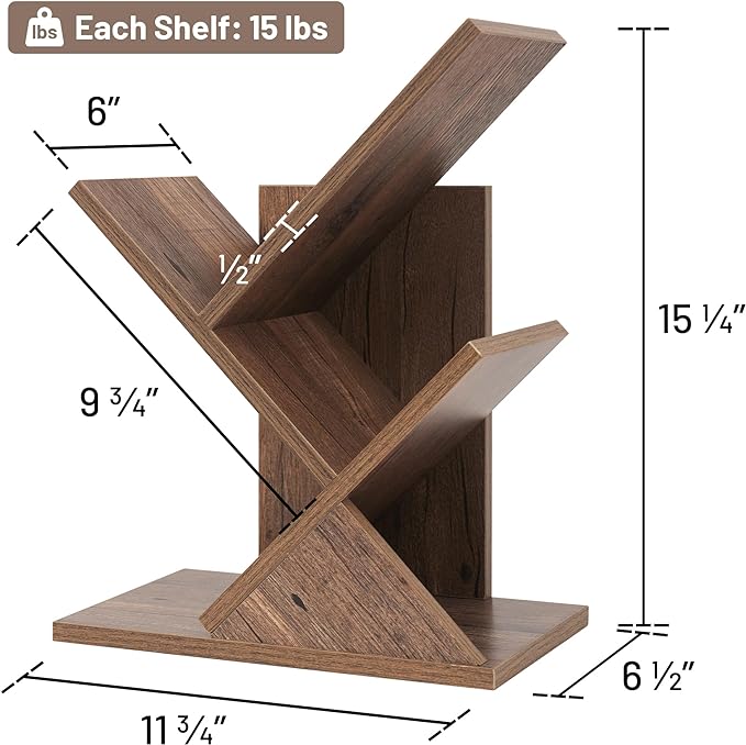 Labcosi 2 Tier Tree Bookshelf, Small Bookshelf for Storing Books/CDs, Wood Book Organizer Shelves for Home Office, Bedroom, Living Room, Rustic Brown - LeafyLoom