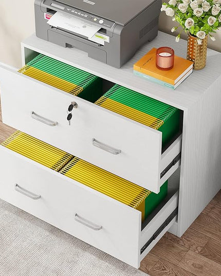 Lateral File Cabinet with 2 Drawers, 31.5 Inches Large Filing Cabinet for Hanging Letter/Legal/F4/A4 Size Files with Lock, Home Office, White - LeafyLoom