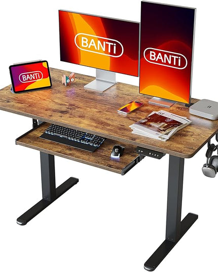 BANTI 48" x 24" Height Adjustable Electric Standing Desk with Keyboard Tray, Sit Stand up Desk with Splice Board, Black Frame/Rustic Brown Top - LeafyLoom