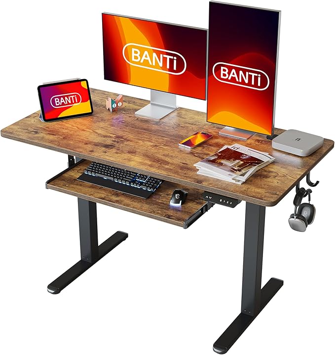 BANTI 48" x 24" Height Adjustable Electric Standing Desk with Keyboard Tray, Sit Stand up Desk with Splice Board, Black Frame/Rustic Brown Top - LeafyLoom