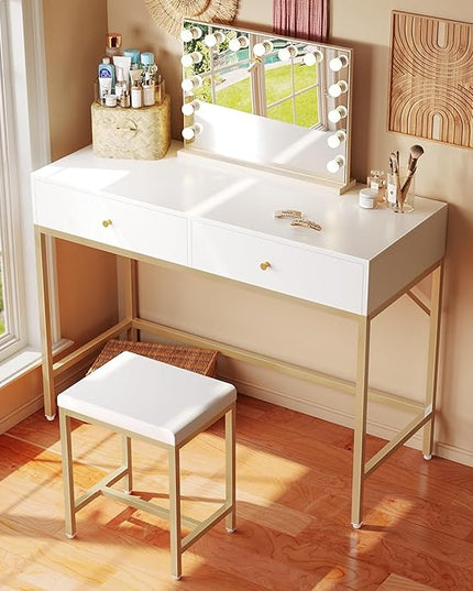 SUPERJARE 35.4" White and Gold Desk with 2 Drawers, Modern Makeup Vanity Desk with Padded Stool, Small Computer Desk Home Office Desk for Writing Study Bedroom - LeafyLoom