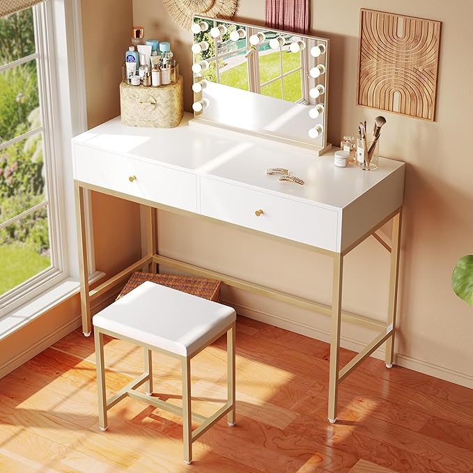 SUPERJARE 35.4" White and Gold Desk with 2 Drawers, Modern Makeup Vanity Desk with Padded Stool, Small Computer Desk Home Office Desk for Writing Study Bedroom - LeafyLoom
