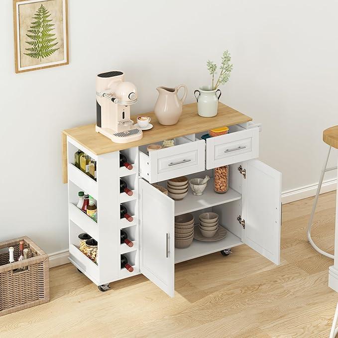 Multi-Functional Kitchen Island Mobile Cart with 2 Door Cabinet,Two Drawers,Spice-Rack,Towel Holder,Wine-Rack,Foldable Rubberwood Table Top,for Dining Room Bar,White - LeafyLoom