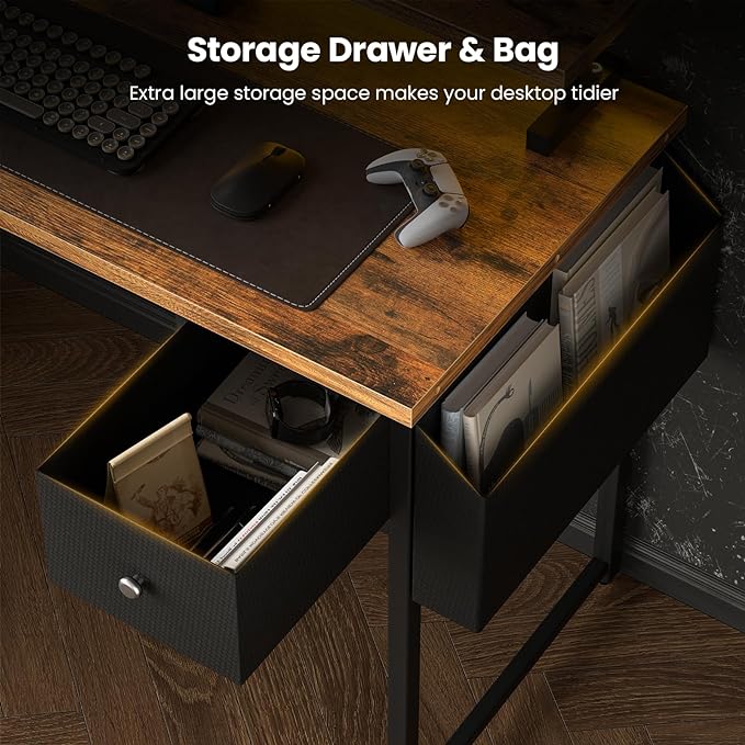 47 inch L Shaped Desk, Computer Desk, Adjustable Stand Office Desk, Power Outlets & Storage Drawer, Reversible Computer Desk with Shelves & Headset Hooks - LeafyLoom