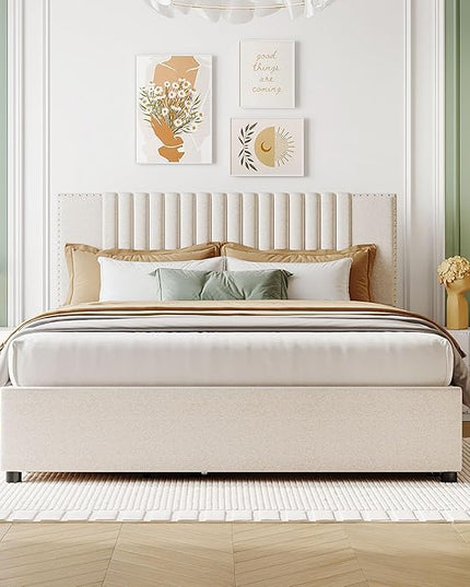 Queen Size Linen Upholstered Platform Bed with 2 Drawers and Twin XL Size Trundle,Solid Wood Bed Frame w/Classic Headboard Design,for Bedroom,Apartment,Living Room,Beige - LeafyLoom