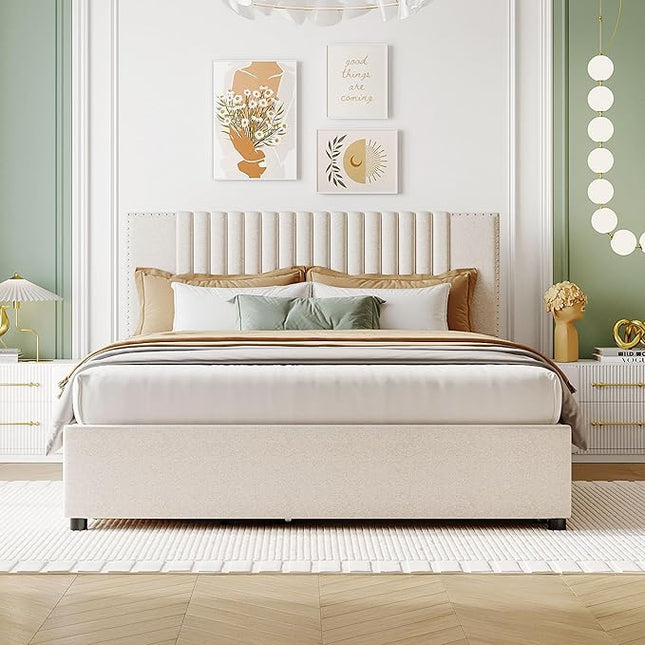 Queen Size Linen Upholstered Platform Bed with 2 Drawers and Twin XL Size Trundle,Solid Wood Bed Frame w/Classic Headboard Design,for Bedroom,Apartment,Living Room,Beige - LeafyLoom