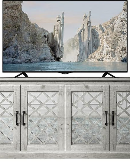 Galano Millicent TV Stand for up to 75 Inch TV, Farmhouse Entertainment Center with Mirror Doors & Storage Shelves, Rustic Media Console Cabinet for Living Room, Mexican Grey - LeafyLoom