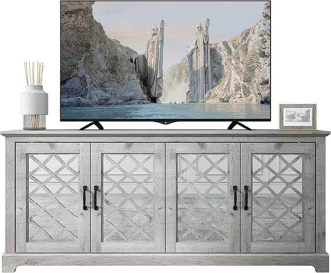 Galano Millicent TV Stand for up to 75 Inch TV, Farmhouse Entertainment Center with Mirror Doors & Storage Shelves, Rustic Media Console Cabinet for Living Room, Mexican Grey - LeafyLoom