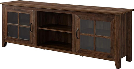 Walker Edison Portsmouth Classic 2 Glass Door Stand for TVs up to 80 Inches, 70 Inch, Dark Walnut - LeafyLoom