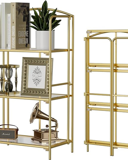 No Assembly Folding Bookshelf, 3 Tier Gold Bookshelf, Metal Book Shelf for Storage, Folding Bookcase for Office Organization and Storage, 12.6" D x 22.44" W x 42.13" H - LeafyLoom