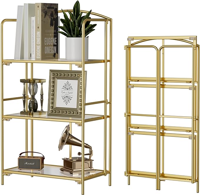 No Assembly Folding Bookshelf, 3 Tier Gold Bookshelf, Metal Book Shelf for Storage, Folding Bookcase for Office Organization and Storage, 12.6" D x 22.44" W x 42.13" H - LeafyLoom