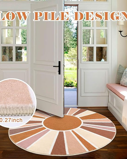 Topotdor Sun Rainbow Round Rug 4ft Boho Kids Nursery Rug, Colorful Washable Area Rug Ultra Soft Circle Classroom Rug Non-Slip for Bedroom Living Room Playroom Decor, Orange - LeafyLoom