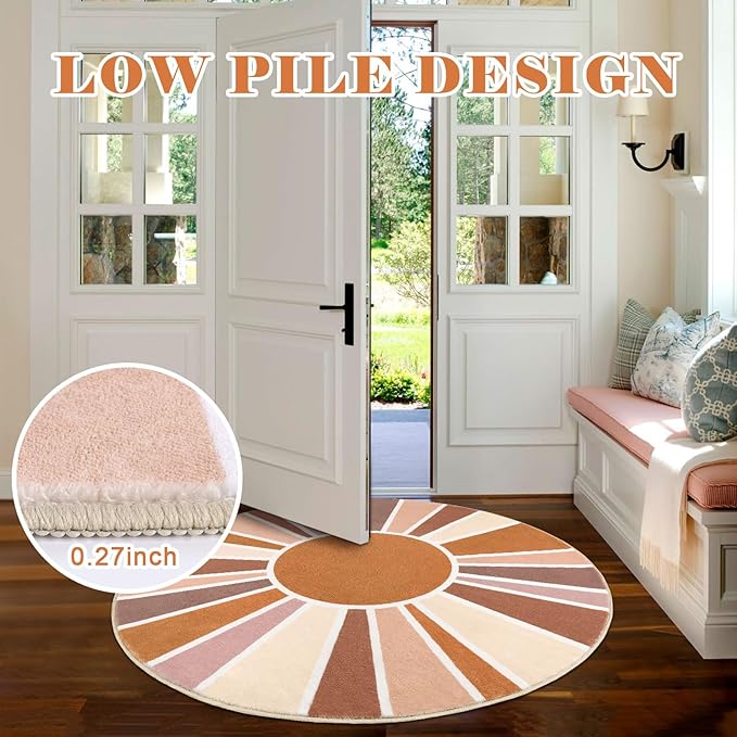 Topotdor Sun Rainbow Round Rug 4ft Boho Kids Nursery Rug, Colorful Washable Area Rug Ultra Soft Circle Classroom Rug Non-Slip for Bedroom Living Room Playroom Decor, Orange - LeafyLoom