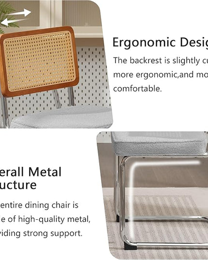 Rattan Dining Chairs Set of 2, Mid Century Modern Sherpa Dining Room Kitchen Chairs with Cane Back, Metal Chrome Legs, Upholstered Wicker Armless Accent Chairs, Grey - LeafyLoom