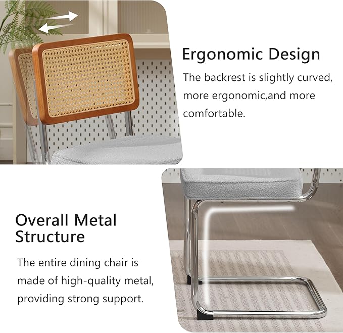 Rattan Dining Chairs Set of 2, Mid Century Modern Sherpa Dining Room Kitchen Chairs with Cane Back, Metal Chrome Legs, Upholstered Wicker Armless Accent Chairs, Grey - LeafyLoom