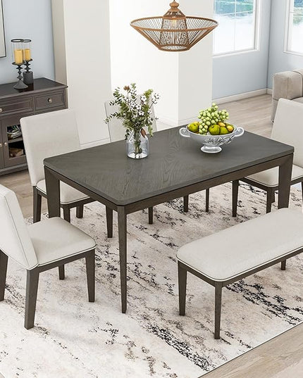 Dining Table Set for 6, Dining Table Set with Upholstered Dining Chairs and Bench, Farmhouse Wooden Rectangular Dining Table with Tapered Legs for Dining Room, Living Room, Dark Grey+Beige - LeafyLoom