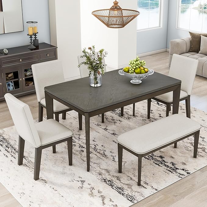 Dining Table Set for 6, Dining Table Set with Upholstered Dining Chairs and Bench, Farmhouse Wooden Rectangular Dining Table with Tapered Legs for Dining Room, Living Room, Dark Grey+Beige - LeafyLoom