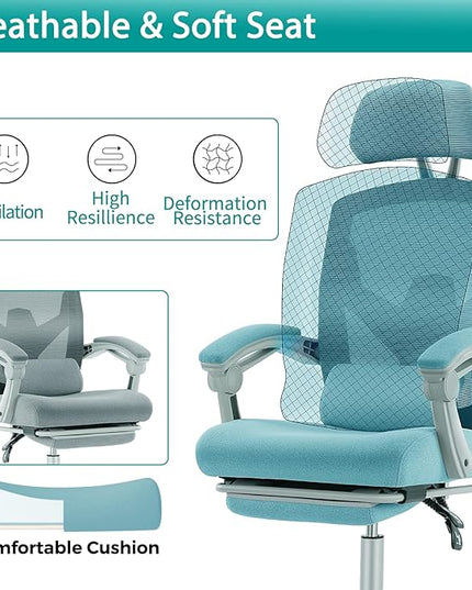 MCQ Office Computer Desk Chair, Gaming Chairs for Adults, High-Back Mesh Rolling Swivel Reclining Chairs with Wheels, Comfortable Lumbar Support, Comfy Arms for Home, Office, Gaming, Student, Blue - LeafyLoom