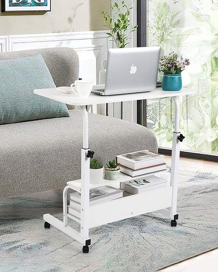 Adjustable Home Office Desk Portable Study Computer Rolling Desk for Small Spaces Movable Sofa Side Table on Wheels Student Small Laptop Desk with Storage White Size 31x16 Inch - LeafyLoom
