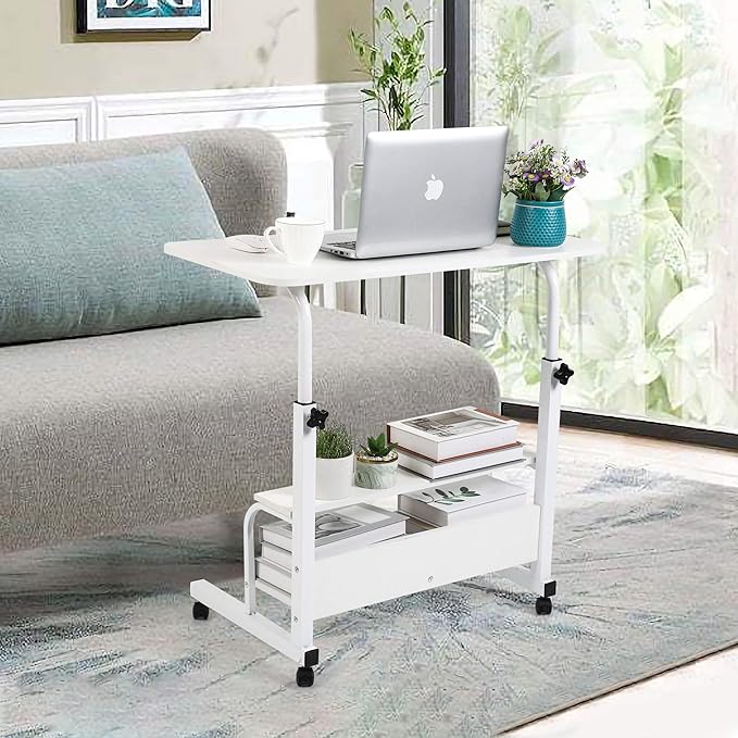 Adjustable Home Office Desk Portable Study Computer Rolling Desk for Small Spaces Movable Sofa Side Table on Wheels Student Small Laptop Desk with Storage White Size 31x16 Inch - LeafyLoom