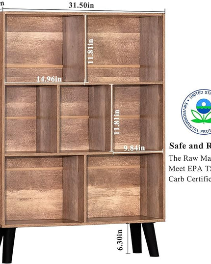 LEYAOYAO 7 Cube Bookshelf 3 Tier Modern Bookcase with Legs,Wood Book Shelves Storage Organizer Shelf,Free Standing Bookcases,Oak Display Bookshelves - LeafyLoom