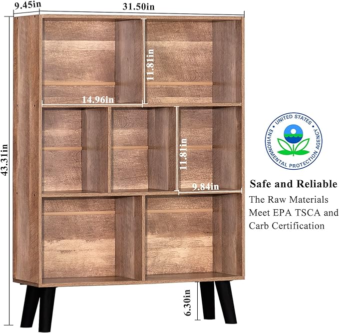 LEYAOYAO 7 Cube Bookshelf 3 Tier Modern Bookcase with Legs,Wood Book Shelves Storage Organizer Shelf,Free Standing Bookcases,Oak Display Bookshelves - LeafyLoom