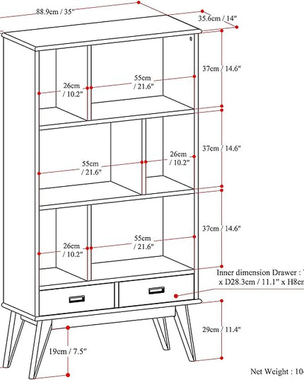 SIMPLIHOME Draper SOLID HARDWOOD 35 Inch Mid Century Modern Wide Bookcase and Storage Unit in Medium Auburn Brown, For the Living Room, Study Room and Office - LeafyLoom