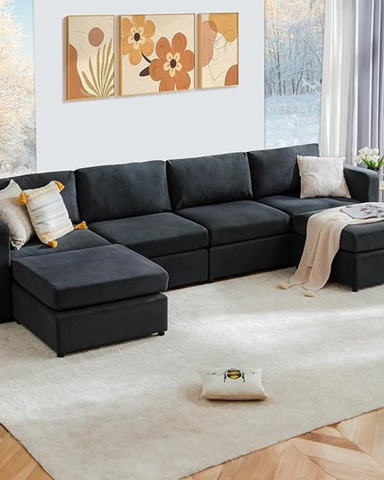 Sweetcrispy Convertible Modular Sectional Sofa, 6 Seat 6 Back Sectional Couches for Living Room, U-Shaped Modern Fabric Modular Sofa Sleeper with Double Chaise for Home, Apartment, Dorm, Dark Grey - LeafyLoom