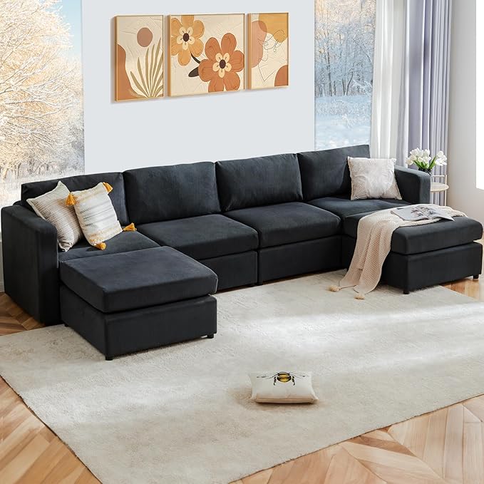 Sweetcrispy Convertible Modular Sectional Sofa, 6 Seat 6 Back Sectional Couches for Living Room, U-Shaped Modern Fabric Modular Sofa Sleeper with Double Chaise for Home, Apartment, Dorm, Dark Grey - LeafyLoom