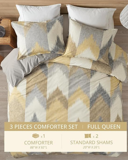 INK+IVY Queen Size Comforter Set, Cozy Cotton Comforter, All Season, Lightweight Comforter Queen Bed Set with 2 Matching Shams, Modern Cabin Lodge Ikat Chevron Design, Yellow Full/Queen 3 Piece - LeafyLoom