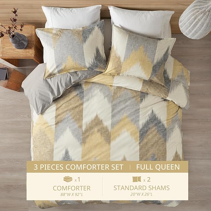INK+IVY Queen Size Comforter Set, Cozy Cotton Comforter, All Season, Lightweight Comforter Queen Bed Set with 2 Matching Shams, Modern Cabin Lodge Ikat Chevron Design, Yellow Full/Queen 3 Piece - LeafyLoom