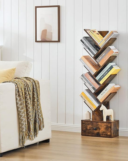 9 Tier Tree Bookshelf, Tree Bookcase with Drawer, Floor Standing Tall Wood Book Shelves Organizer for Living Room, Bedroom, Home Office, Rustic Brown - LeafyLoom