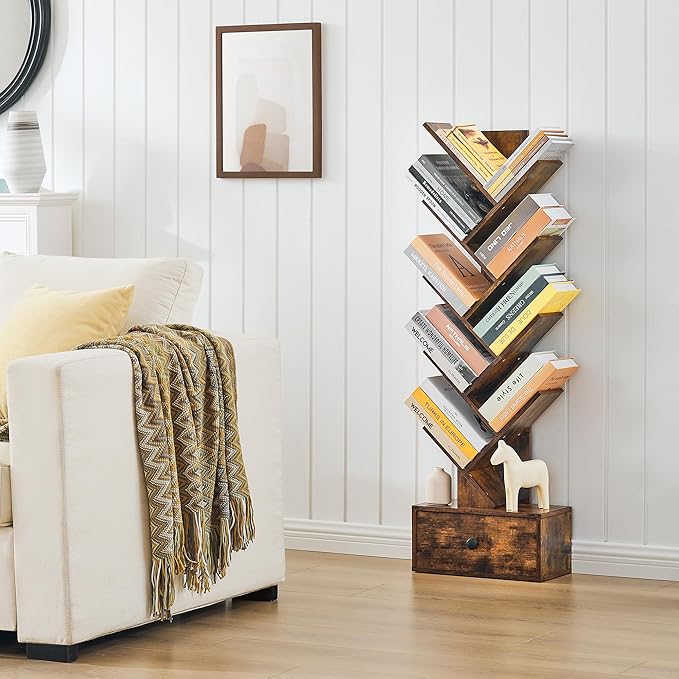9 Tier Tree Bookshelf, Tree Bookcase with Drawer, Floor Standing Tall Wood Book Shelves Organizer for Living Room, Bedroom, Home Office, Rustic Brown - LeafyLoom