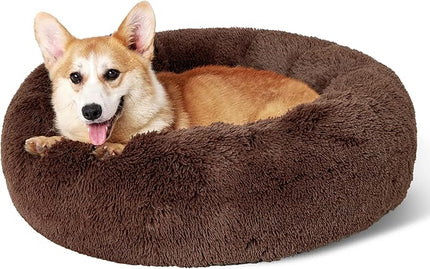 Bedsure Calming Dog Bed for Medium Dogs - Donut Washable Medium Pet Bed, 30 inches Anti-Slip Round Fluffy Plush Faux Fur Cat Bed, Fits up to 45 lbs Pets, Coffee BEDSURE