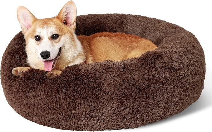 Bedsure Calming Dog Bed for Medium Dogs - Donut Washable Medium Pet Bed, 30 inches Anti-Slip Round Fluffy Plush Faux Fur Cat Bed, Fits up to 45 lbs Pets, Coffee BEDSURE