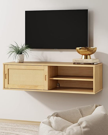 Nathan James Keanu Mid-Century Modern Bohemian Floating Wall Mounted Media Entertainment TV Console Cabinet with Sliding Cane Door, 1, Natural Brown/Rattan - LeafyLoom