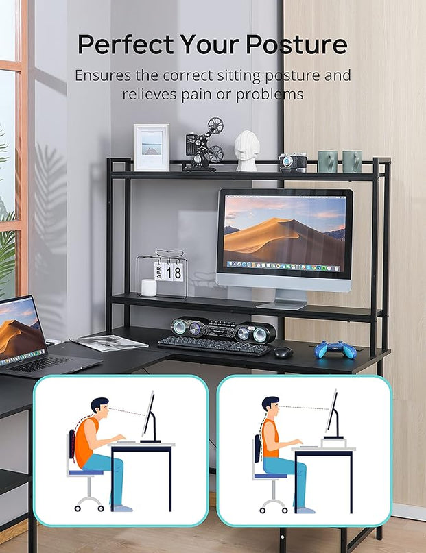 Evajoy L Shaped Computer Desk with Power Outlets and USB Ports, Reversible L-Shaped Corner Gaming Desk with Storage Shelves, 94.5’’ Industrial 2 Person Home Office Desk with Monitor Stand for Home - LeafyLoom