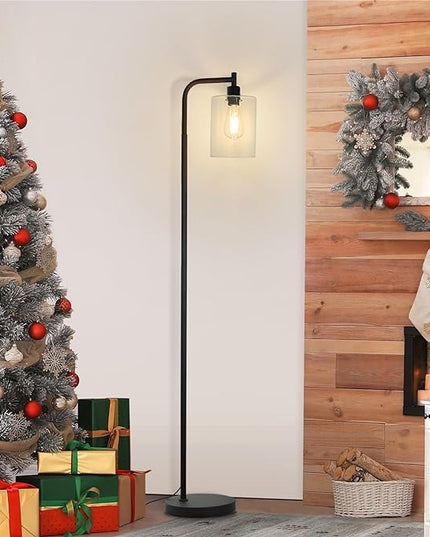 MAXvolador Industrial Floor Lamp, Modern Standing Lamps with Hanging Clear Glass Shade, Classic Reading Tall Pole Light for Living Room Bedroom, Black - LeafyLoom