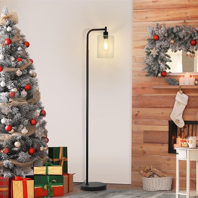 MAXvolador Industrial Floor Lamp, Modern Standing Lamps with Hanging Clear Glass Shade, Classic Reading Tall Pole Light for Living Room Bedroom, Black - LeafyLoom