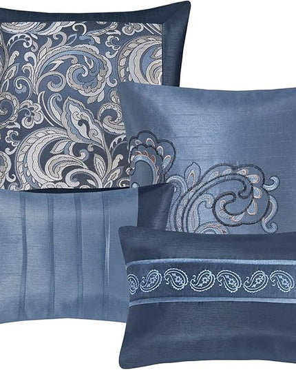 Madison Park Essentials Brystol 24 Piece Room in a Bag Faux Silk Comforter Jacquard Paisley Design Matching Curtains Down Alternative All Season Bedding-Set, King(104 in x 92 in), Navy 24 Piece - LeafyLoom
