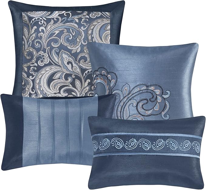 Madison Park Essentials Brystol 24 Piece Room in a Bag Faux Silk Comforter Jacquard Paisley Design Matching Curtains Down Alternative All Season Bedding-Set, King(104 in x 92 in), Navy 24 Piece - LeafyLoom