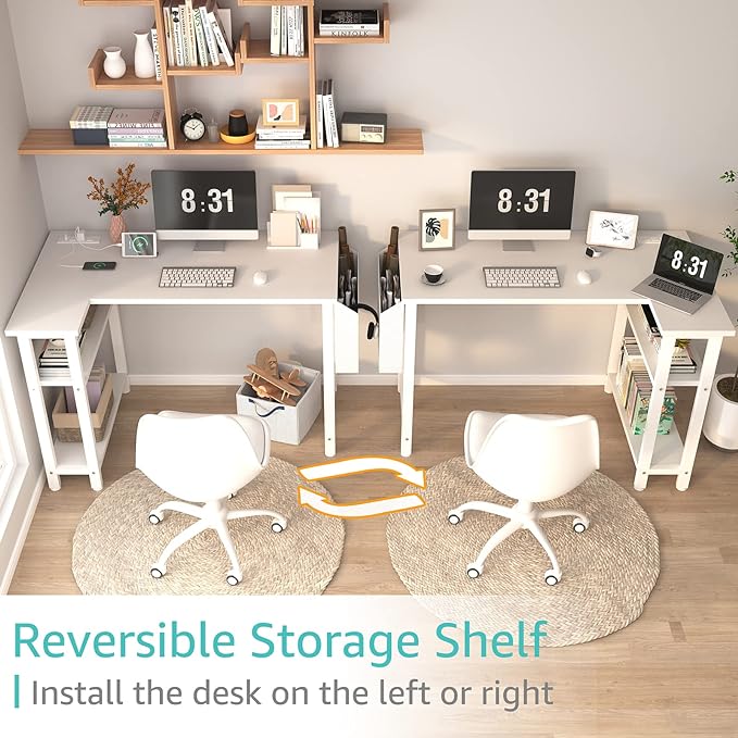 Lufeiya White L Shaped Computer Desk with Power Outlet Shelves, 40 Inch Small Corner Desk for Small Space Home Office, L-Shaped Desk PC Desks, White - LeafyLoom