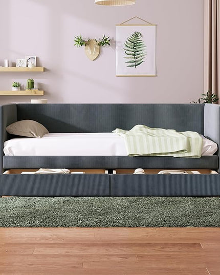 Twin Size Corduroy Pholstered Daybed with Two Drawers,Storage Sofa Bed Frame,W/Wood Slat Support,No Box Spring Needed,for Living Room Bedroom Apartment,Gray - LeafyLoom